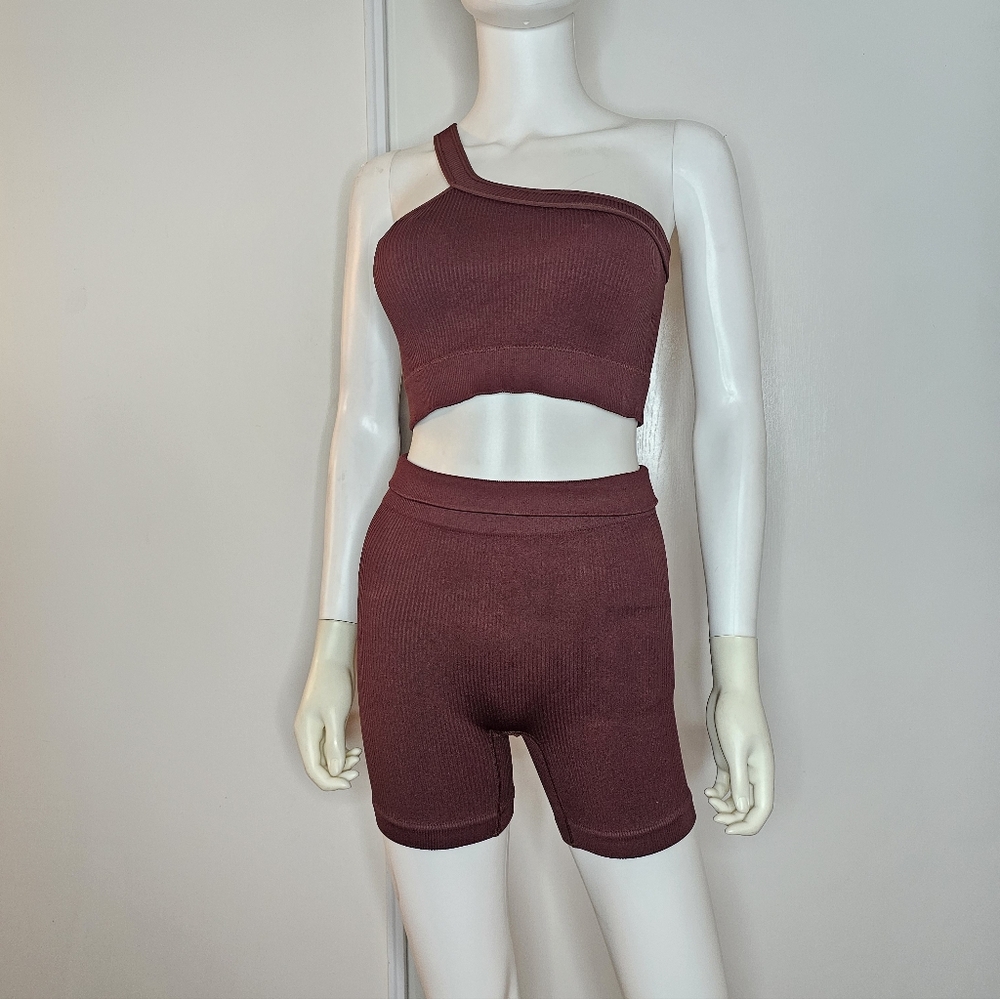 Chocolate Brown One-Shoulder Ribbed Two-Piece Workout Set Size S